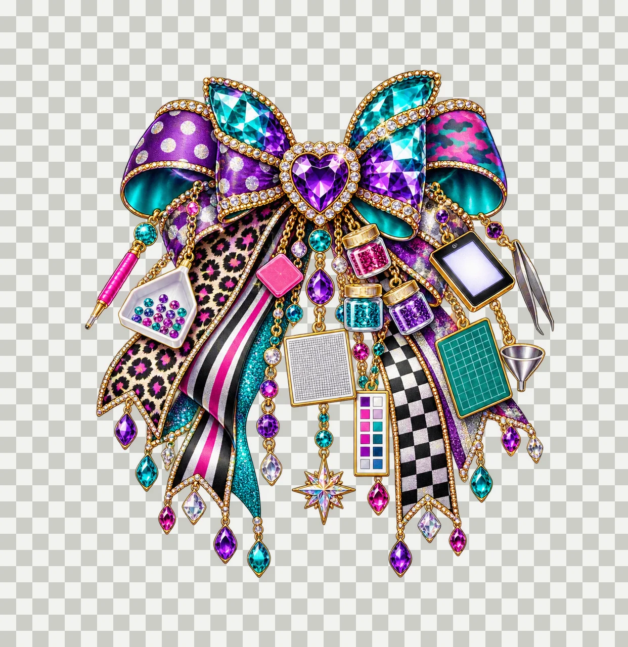 Diamond Art Crafter Bow Charm PNG, Themed Gold Chain Charms, Coquette Ribbon Sublimation Design, Transparent Digital Download transparency and detail preview thumbnail