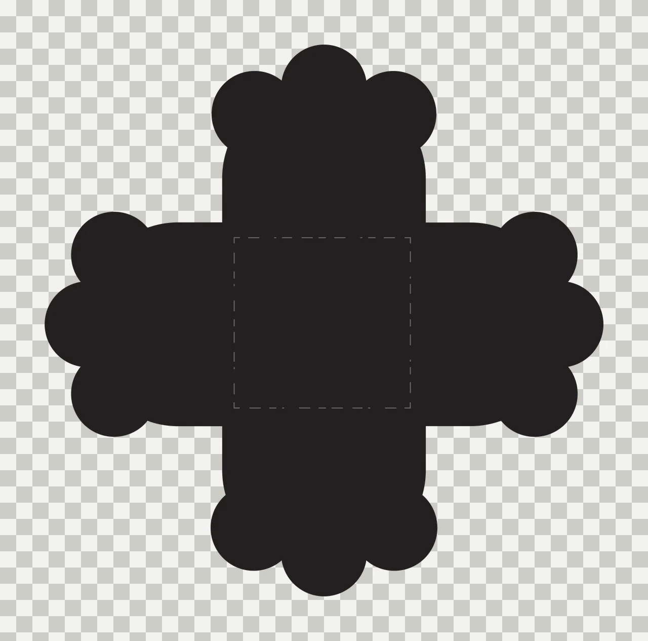 Black cross-shaped die-cut template Illustration with black cross shape, scalloped edges and dashed square center transparency and detail preview thumbnail