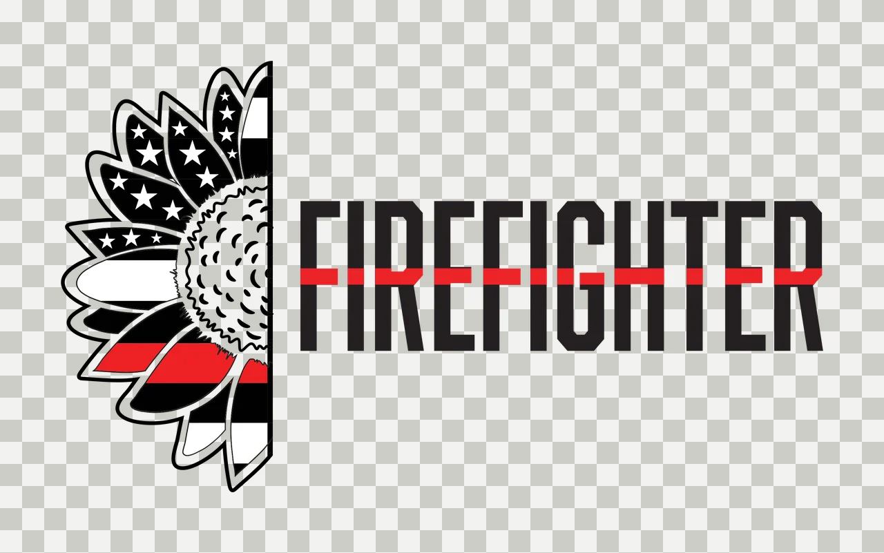 FIREFIGHTER firefighter sunflower Design with half sunflower, thin red line, American flag pattern and bold lettering in black and white transparency and detail preview thumbnail