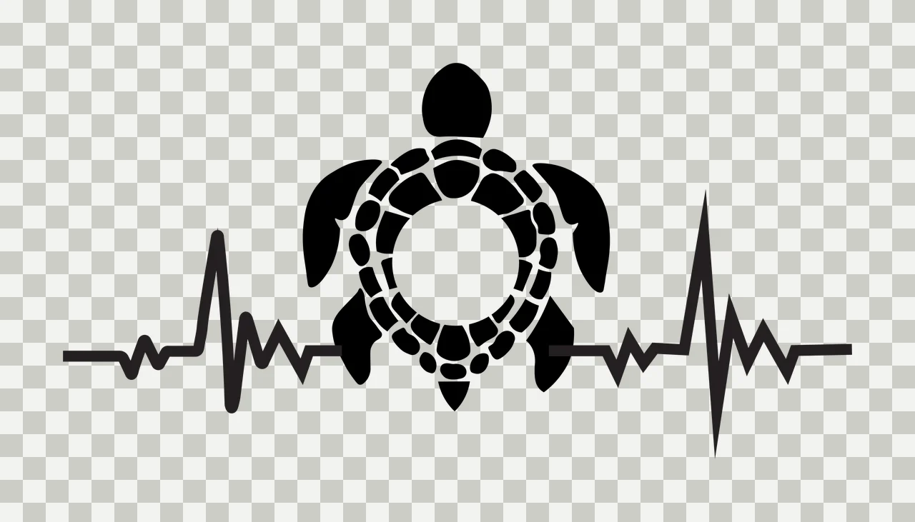 Silhouette Design of Sea turtle and heartbeat line with organic shell pattern, flippers, head and EKG pulse line in black and white transparency and detail preview thumbnail