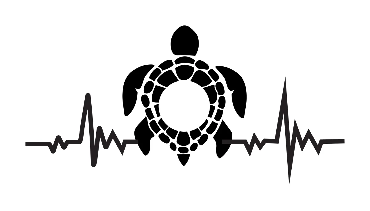 Silhouette Design of Sea turtle and heartbeat line with organic shell pattern, flippers, head and EKG pulse line in black and white
