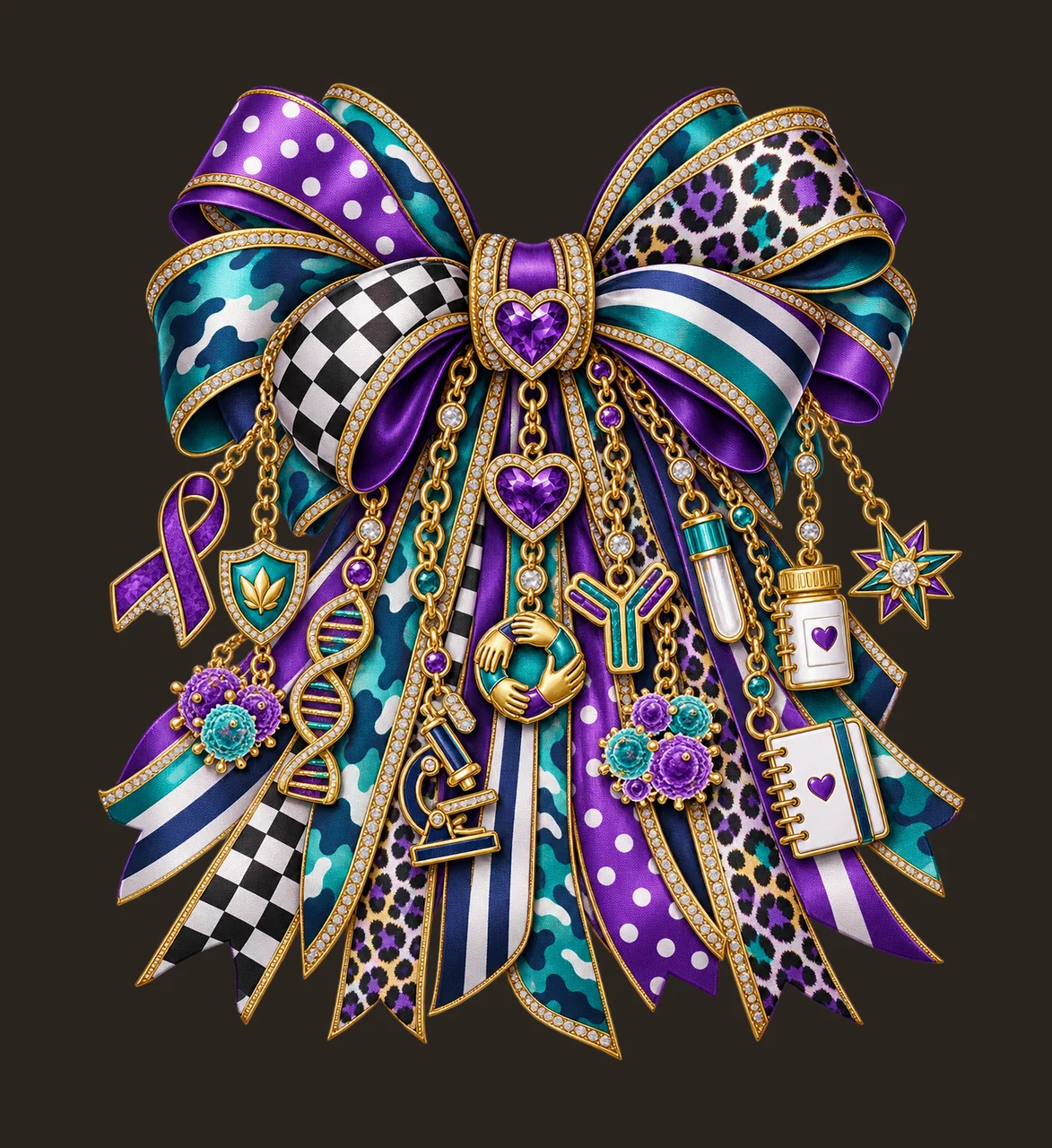 Autoimmune Awareness Bow Charm PNG, Themed Gold Chain Charms, Coquette Ribbon Sublimation Design, Transparent Digital Download contrast preview thumbnail