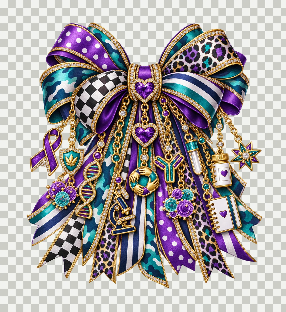 Autoimmune Awareness Bow Charm PNG, Themed Gold Chain Charms, Coquette Ribbon Sublimation Design, Transparent Digital Download transparency and detail preview thumbnail