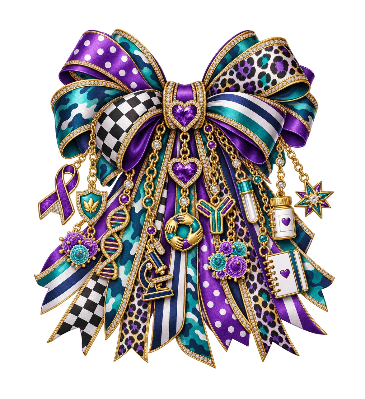 Autoimmune Awareness Bow Charm PNG, Themed Gold Chain Charms, Coquette Ribbon Sublimation Design, Transparent Digital Download