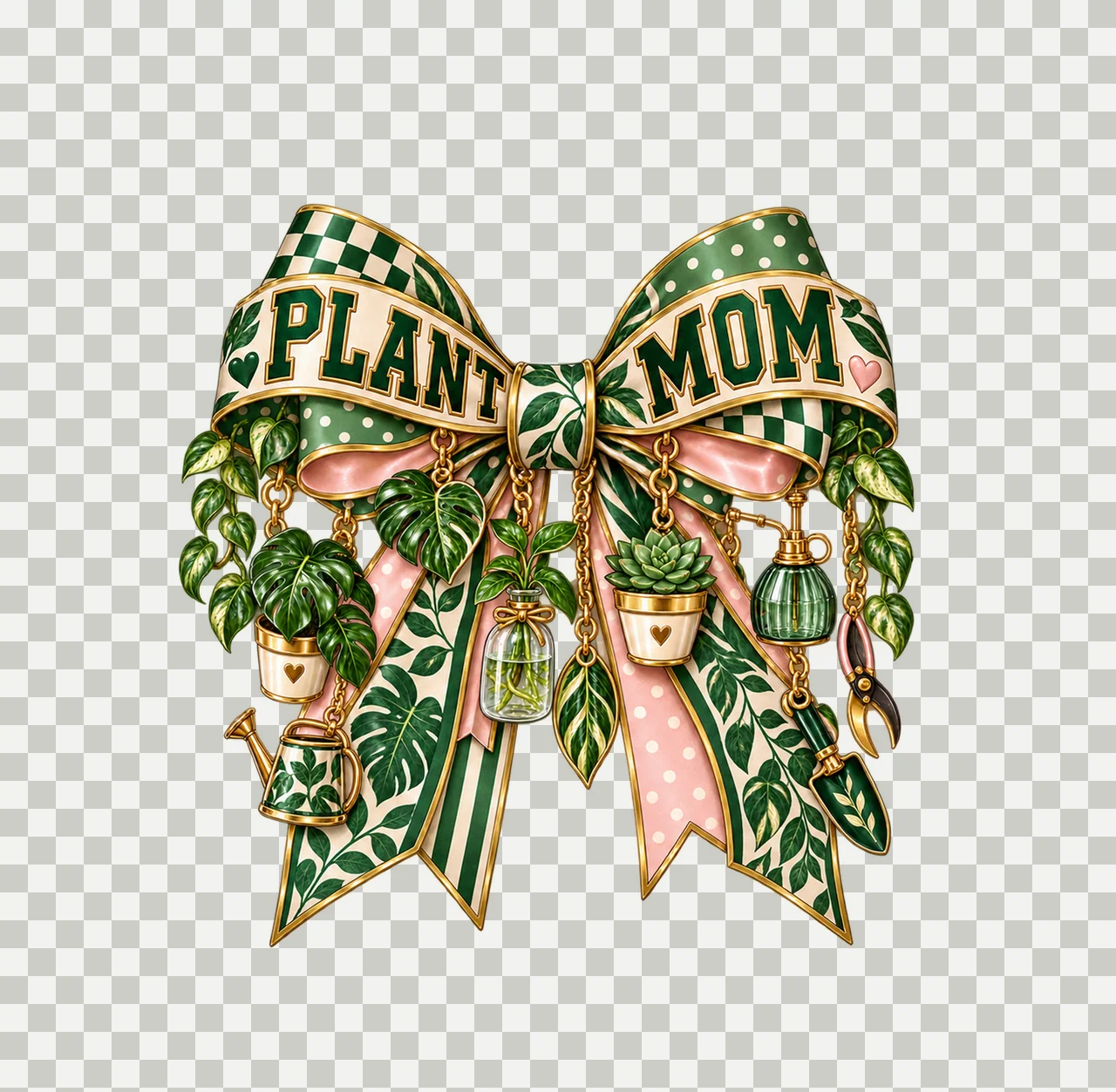 Plant Mom Bow Charm PNG, Patterned Varsity Mom Ribbon Clipart, Transparent Sublimation Digital Download transparency and detail preview thumbnail