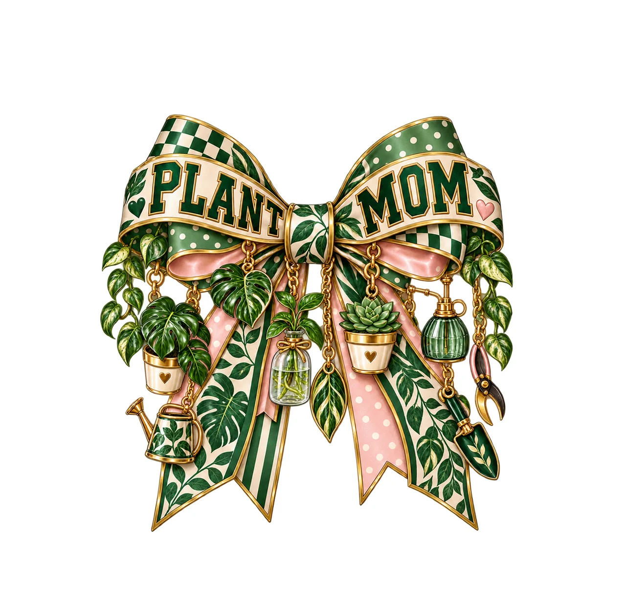 Plant Mom Bow Charm PNG, Patterned Varsity Mom Ribbon Clipart, Transparent Sublimation Digital Download