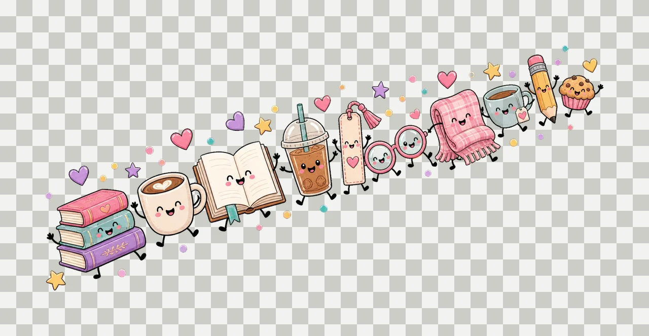Books and Coffee Characters Doodle Cute Happy Variation F transparency and detail preview thumbnail