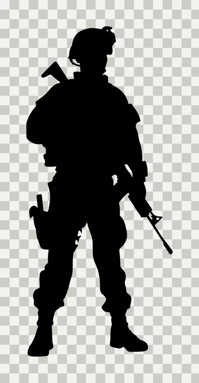 Silhouette Of An Armed Individual In Tactical Gear standing transparency and detail preview thumbnail