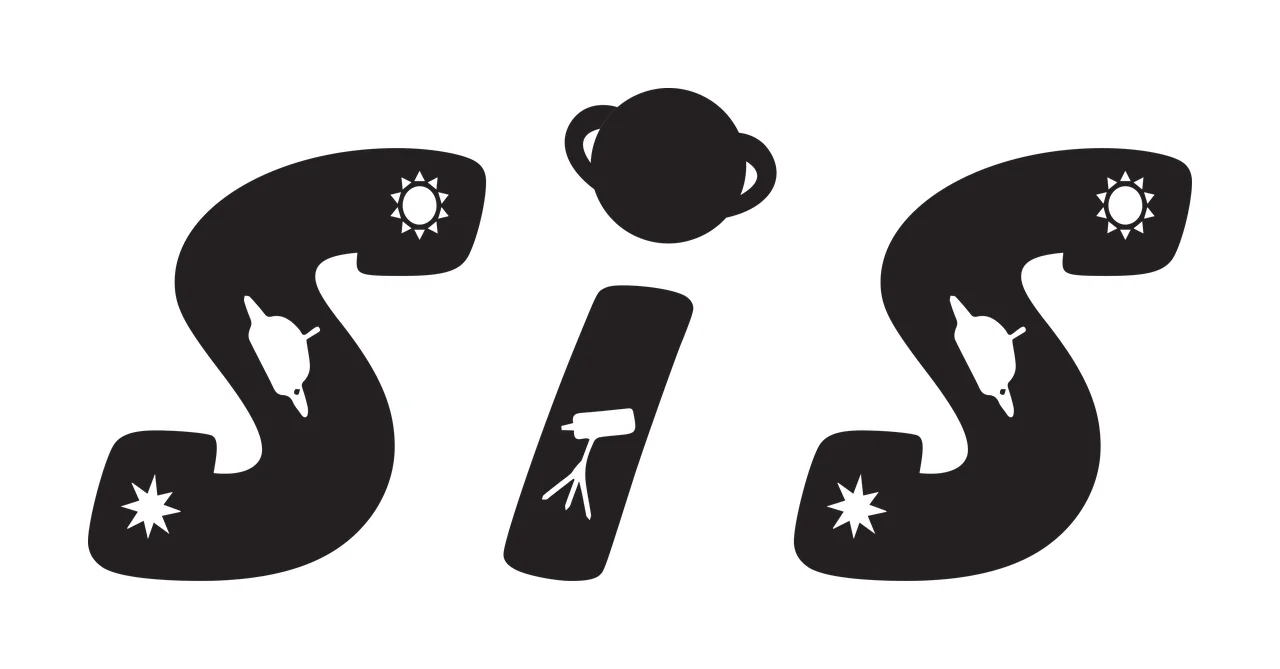 SIS SIS space typography with letter S, ringed planet, rocket ship and telescope in black and white