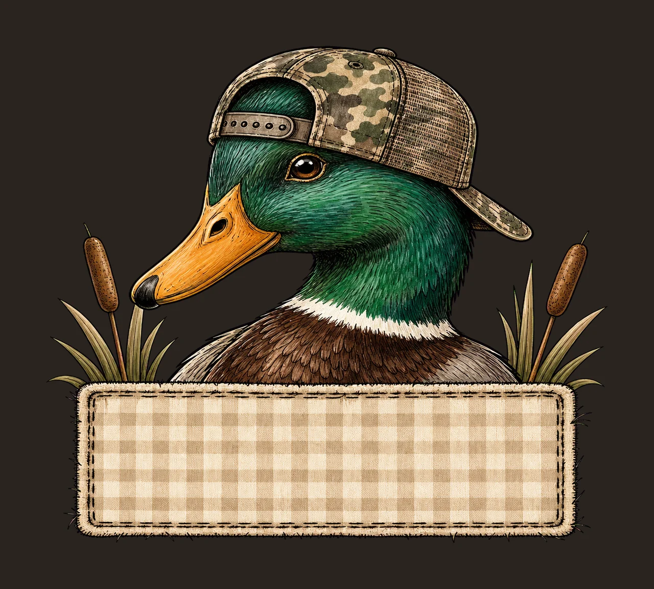 Mallard Duck wearing camo hat with name patch Variation F contrast preview thumbnail