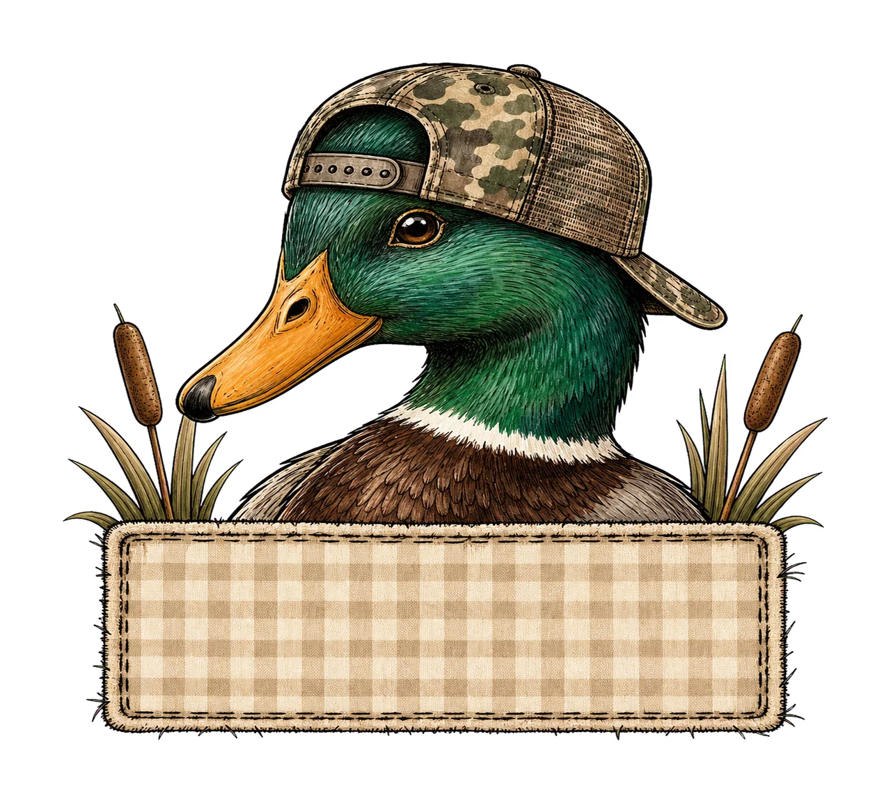 Mallard Duck wearing camo hat with name patch Variation F