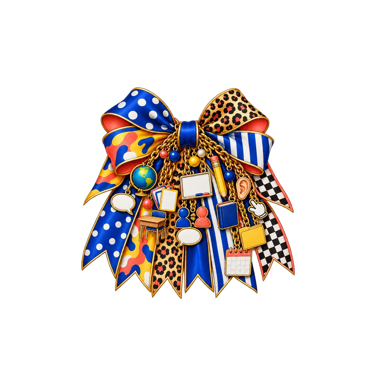 ESL Teacher Bow Charm PNG, Gold Chain Charms, Transparent Sublimation Design, Digital Download