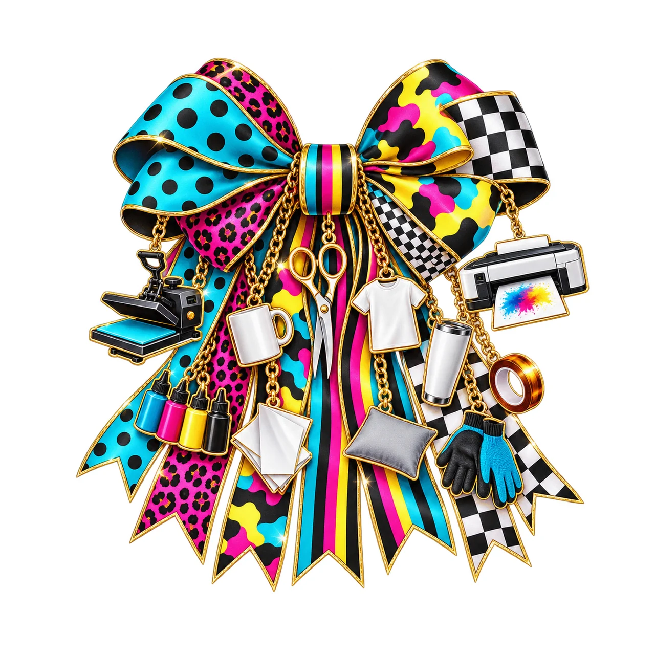 Sublimation Crafter Bow Charm PNG, Gold Chain Charms, Transparent Sublimation Design, Digital Download