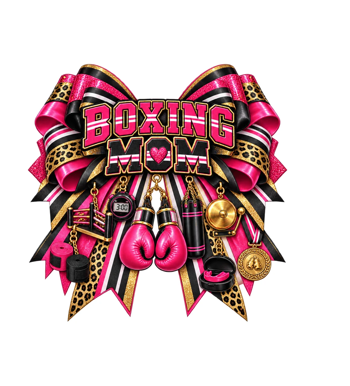 Boxing Mom Bow Charm PNG, Patterned Varsity Mom Ribbon Clipart, Transparent Sublimation Digital Download