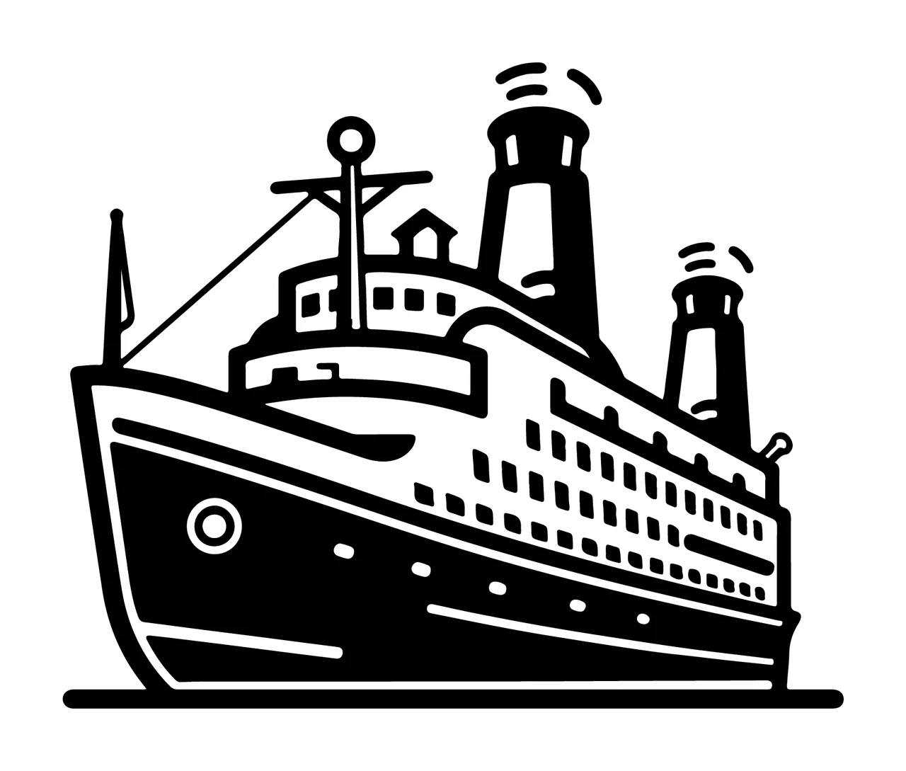 Cruise Ship Black Silhouette Drawing floating chimney line art