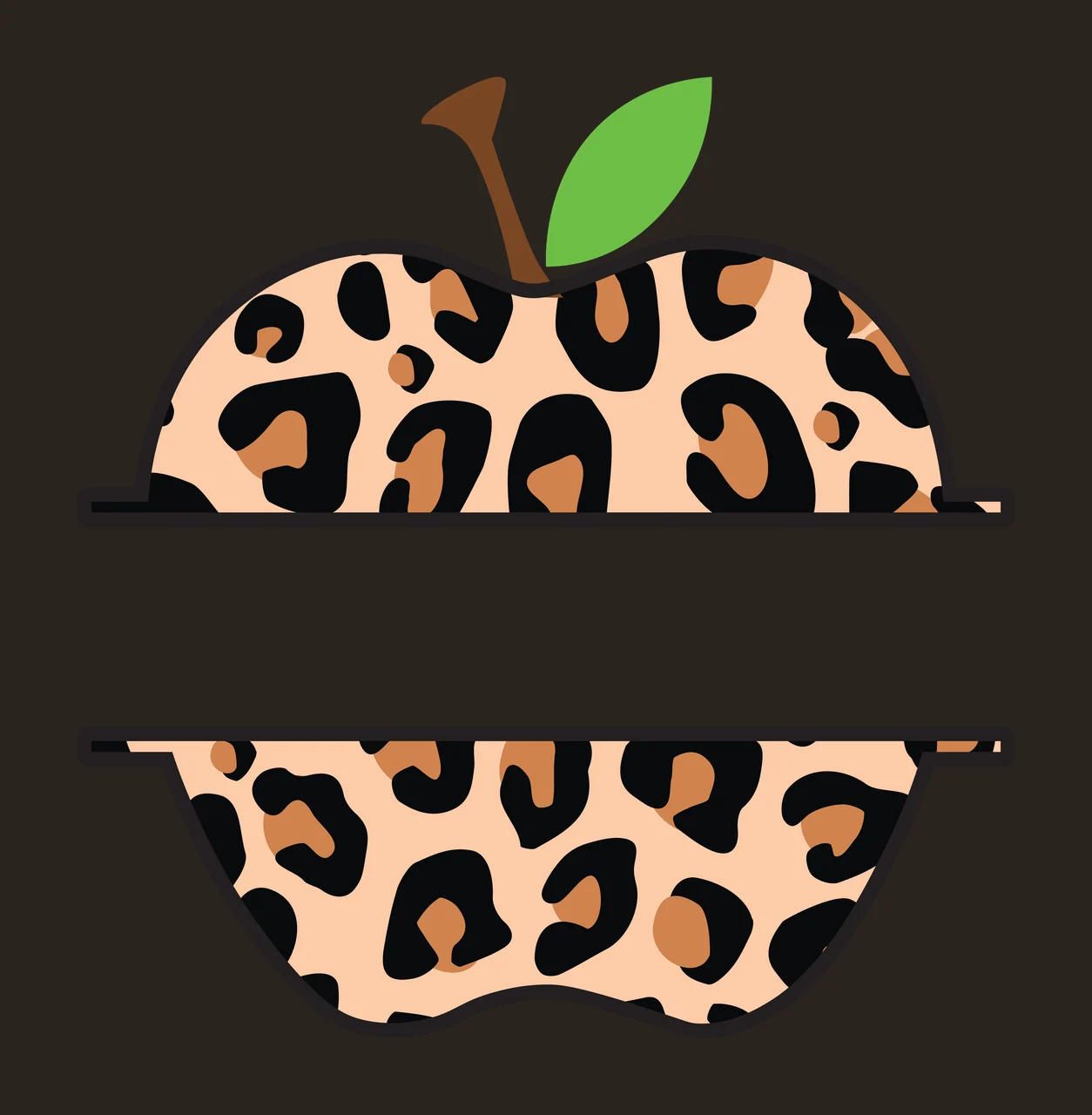 Split apple shape with leopard print pattern Illustration with leopard-print apple top half, leopard-print apple bottom half, green leaf and brown stem in beige and black contrast preview thumbnail