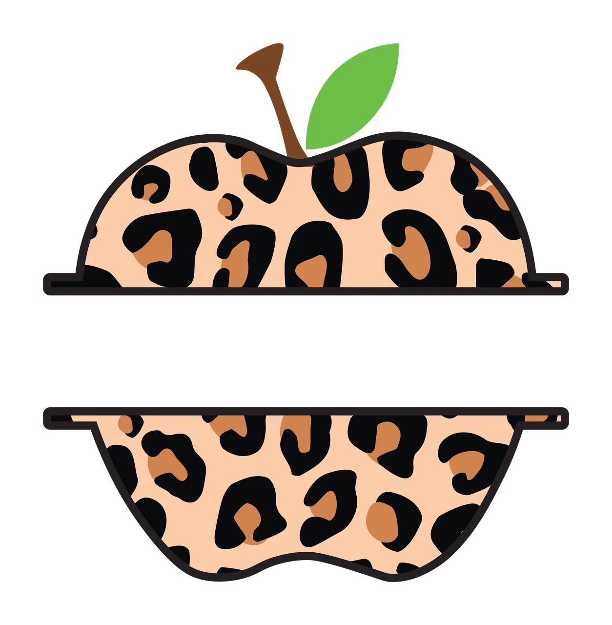 Split apple shape with leopard print pattern Illustration with leopard-print apple top half, leopard-print apple bottom half, green leaf and brown stem in beige and black