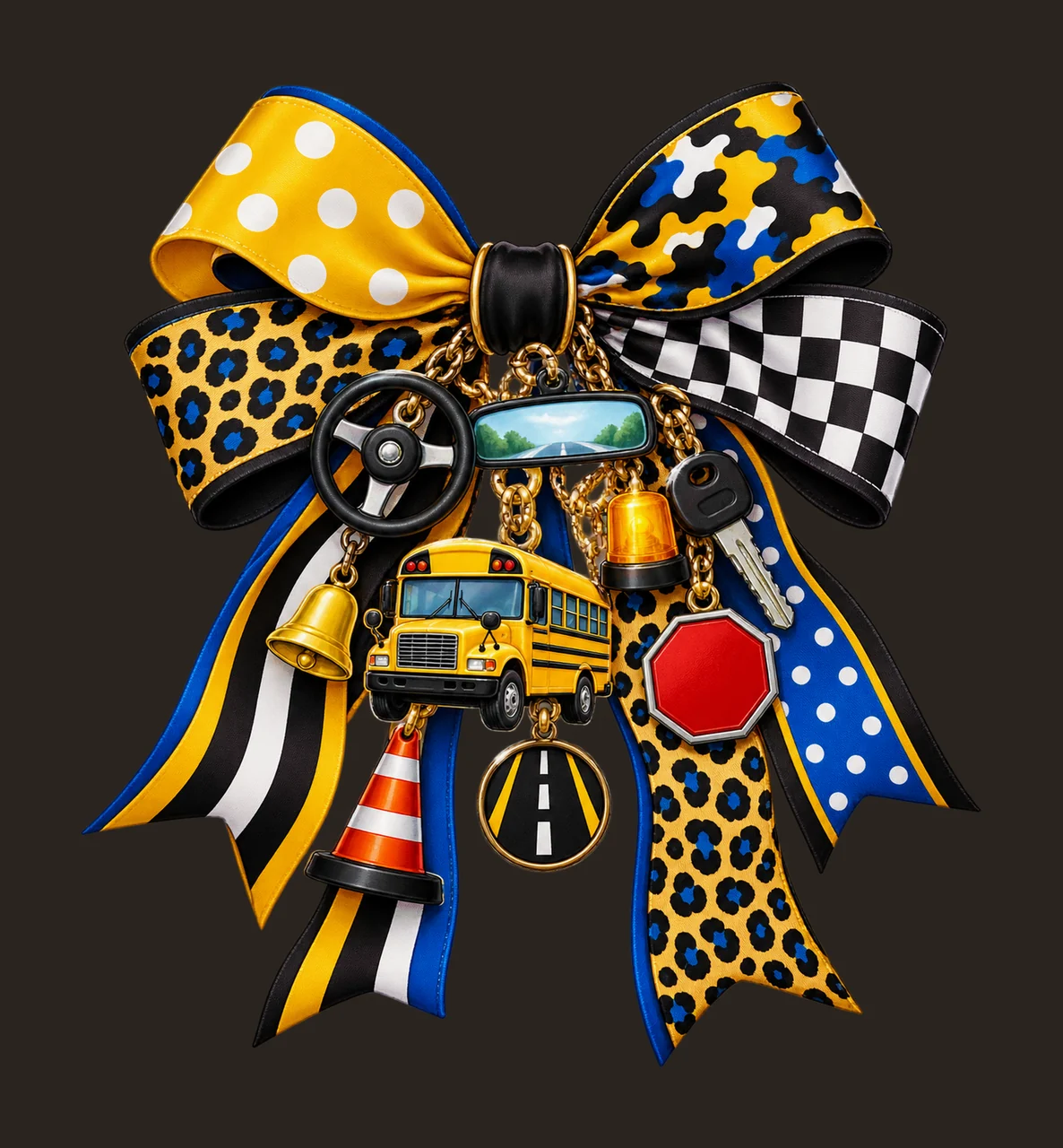 School Bus Driver Bow Charm PNG, Yellow Bus Steering Wheel and Safety Charms, Driver Sublimation Design, Transparent Download contrast preview thumbnail
