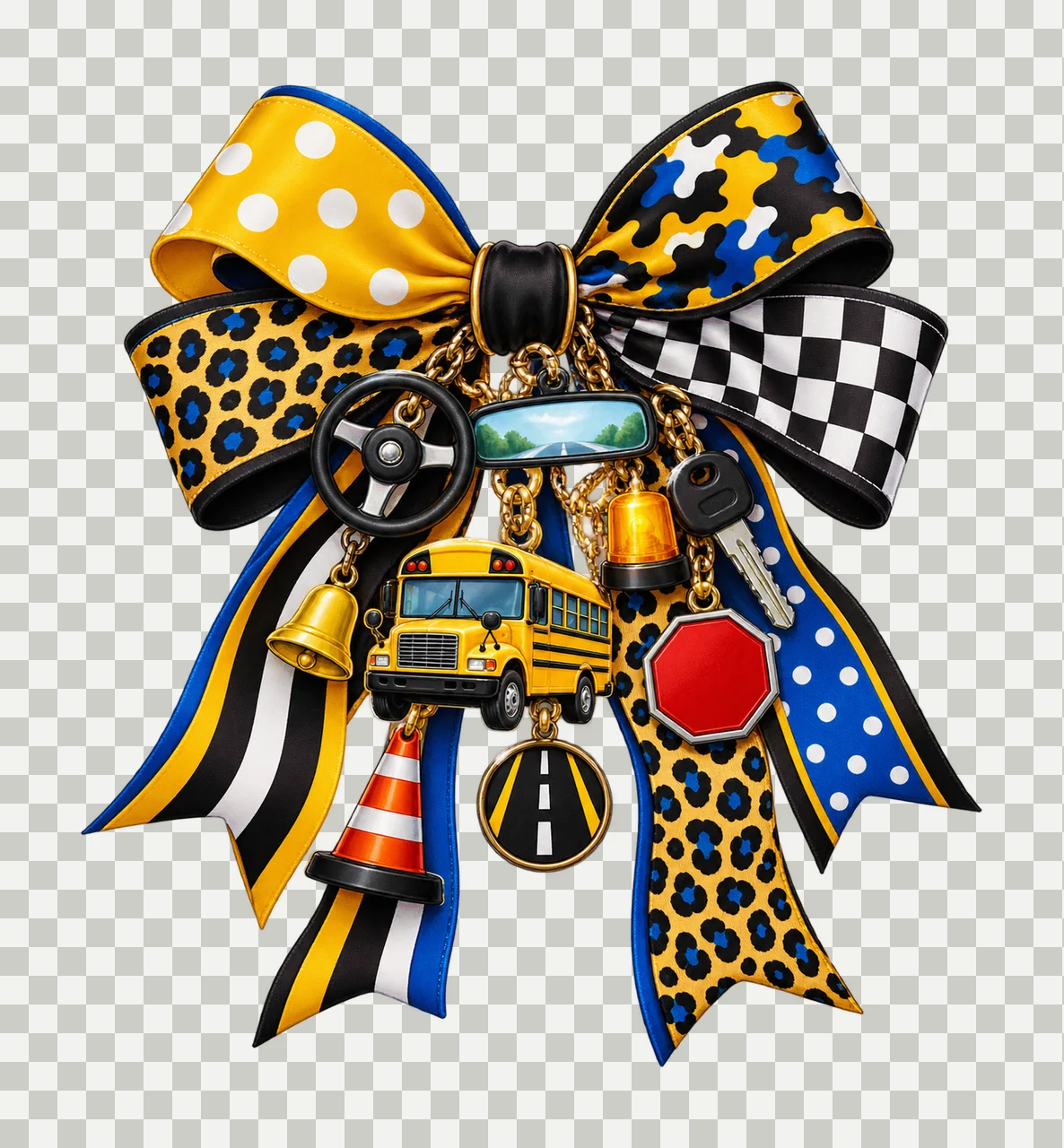 School Bus Driver Bow Charm PNG, Yellow Bus Steering Wheel and Safety Charms, Driver Sublimation Design, Transparent Download transparency and detail preview thumbnail