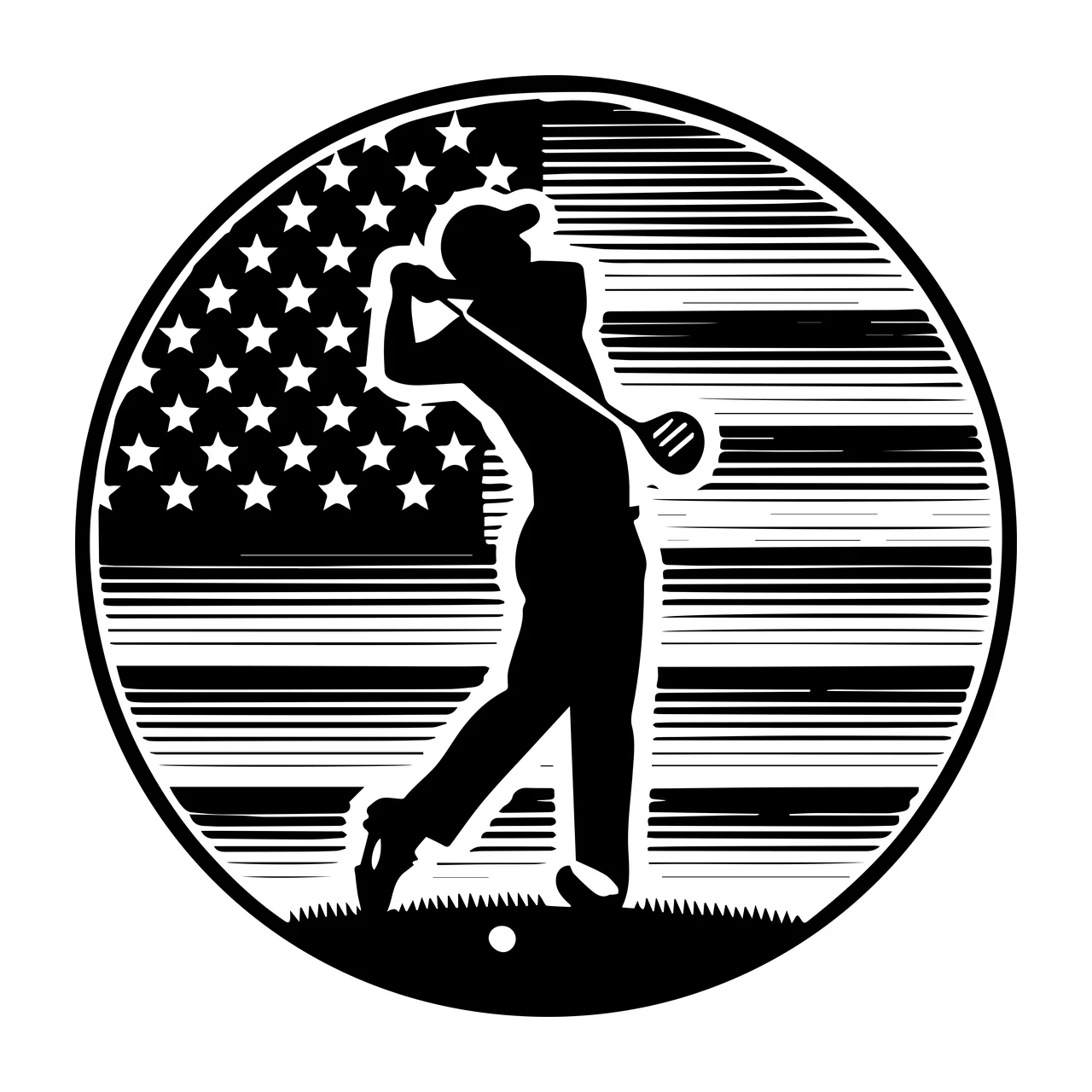 Golf Golfer Silhouette Inside American Flag Circle swinging club