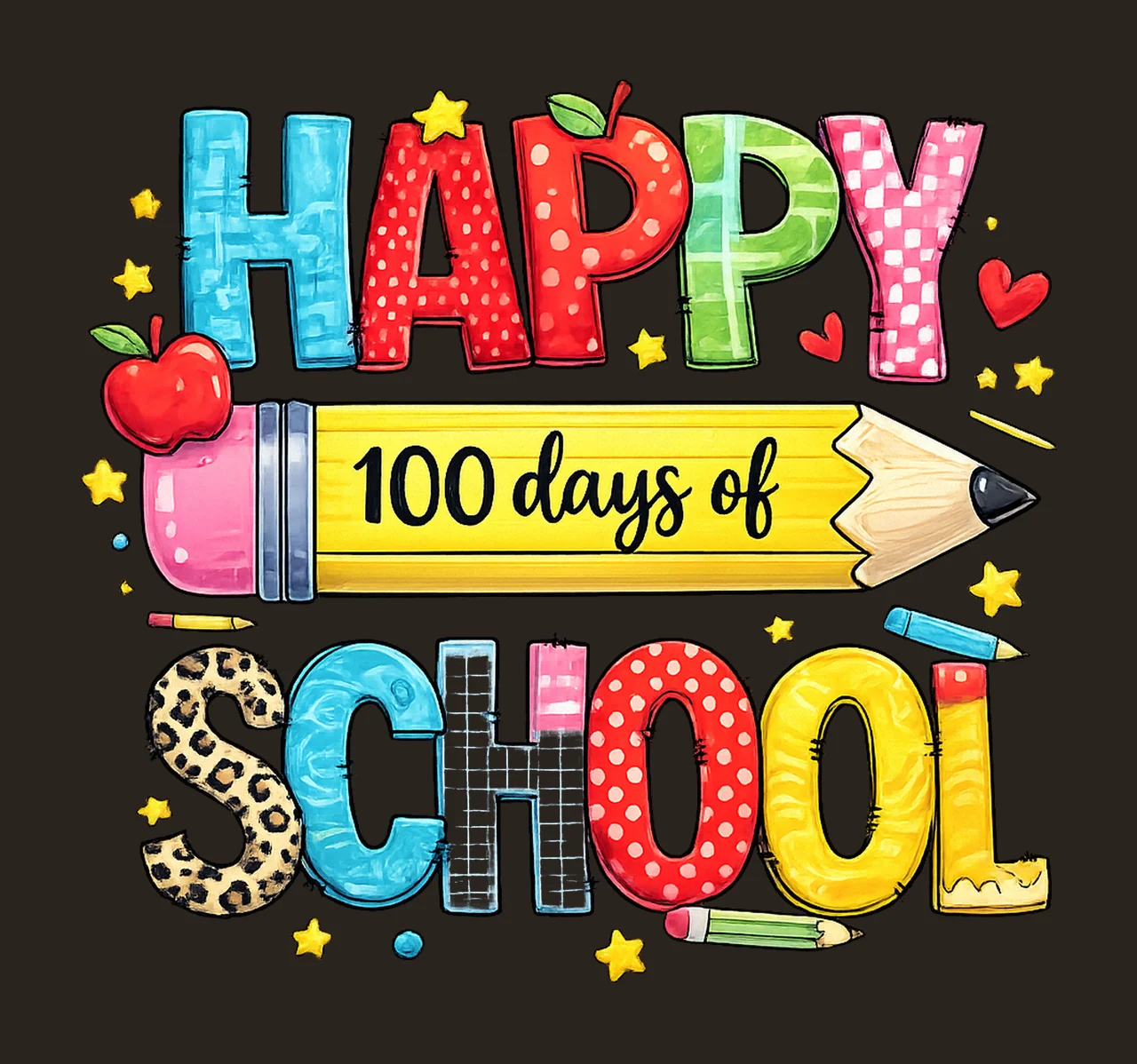 Happy 100 Days Of School Large Pencil School Pattern Digital contrast preview thumbnail