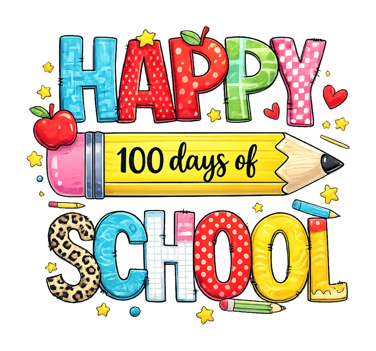 Happy 100 Days Of School Large Pencil School Pattern Digital