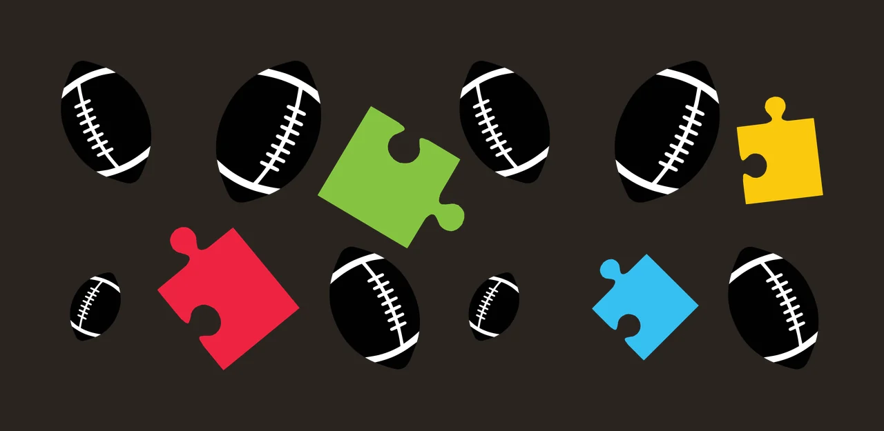 American footballs and puzzle pieces Illustration with black American football, green puzzle piece, yellow puzzle piece and red puzzle piece contrast preview thumbnail
