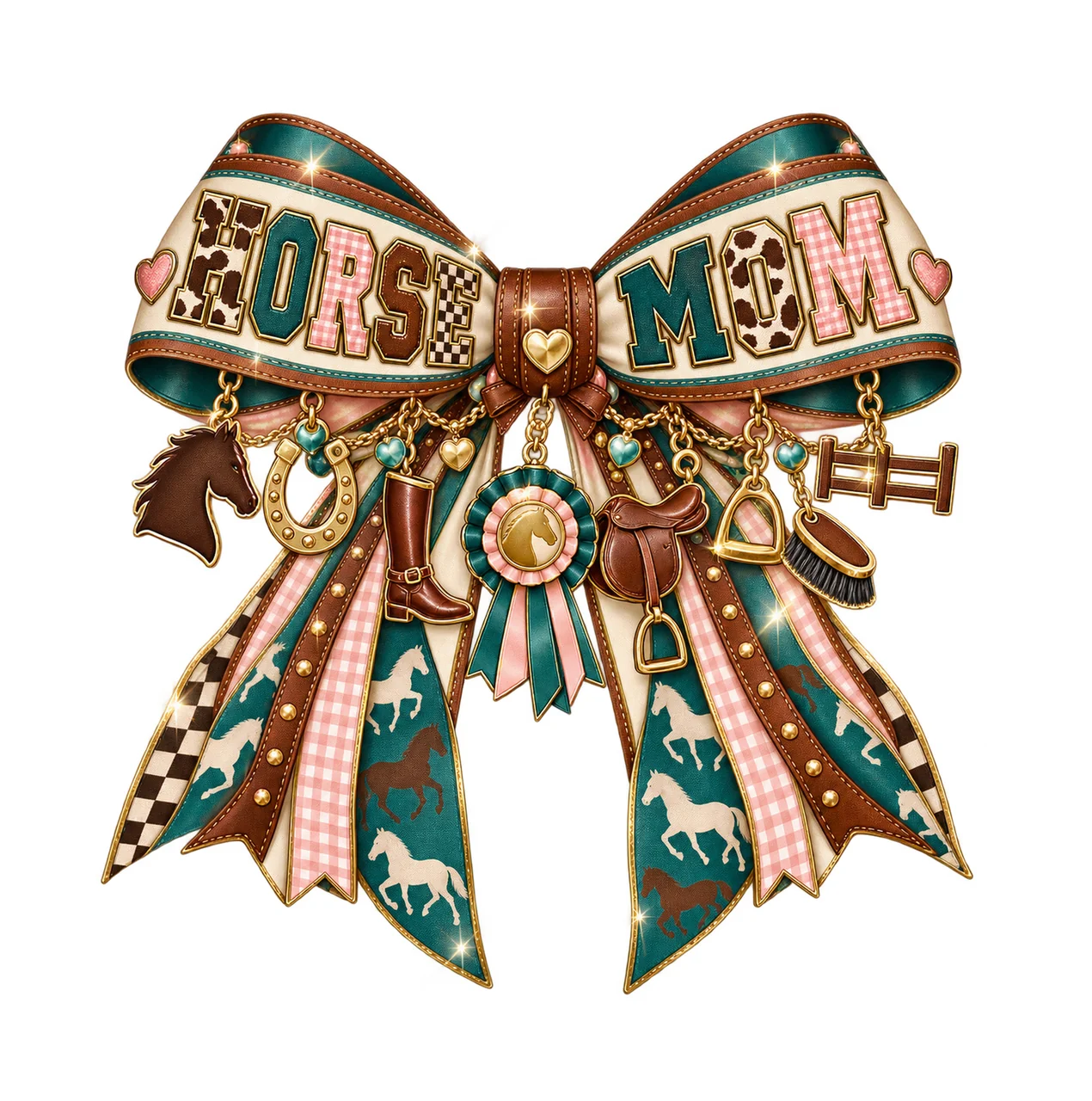 Horse Mom Bow Charm PNG, Patterned Varsity Mom Ribbon Clipart, Transparent Sublimation Digital Download