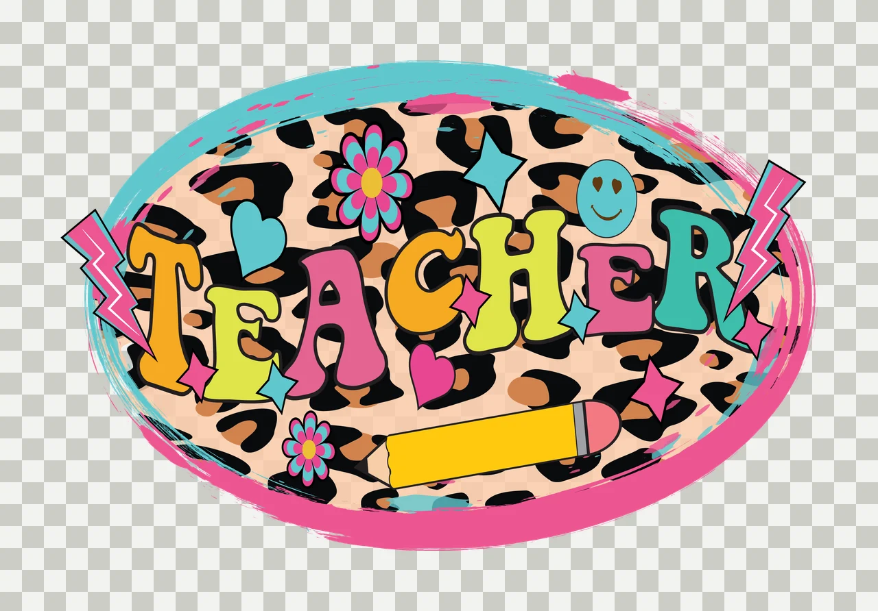 TEACHER TEACHER Design emblem with TEACHER text, leopard print pattern, oval frame and pencil in pink, turquoise and yellow transparency and detail preview thumbnail