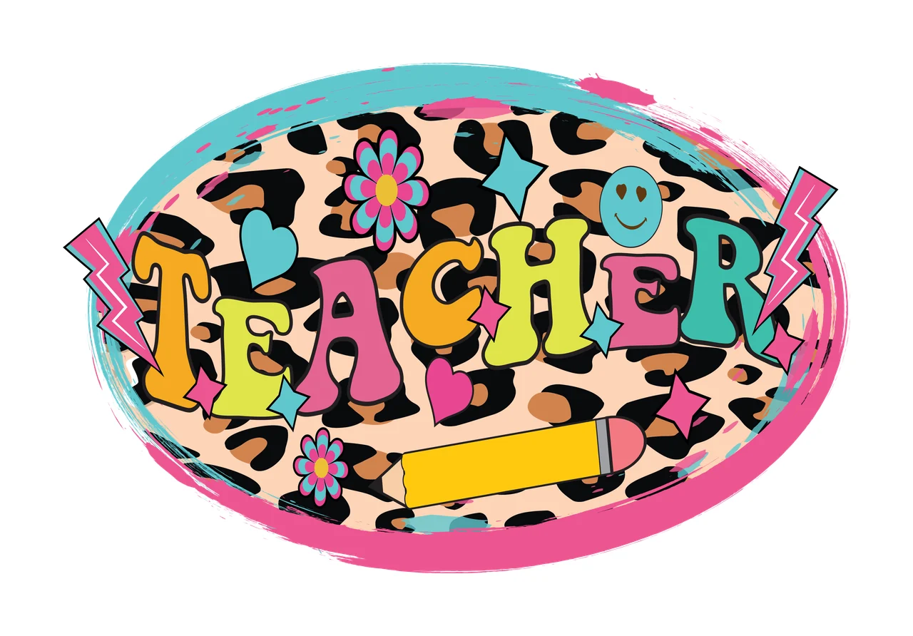 TEACHER TEACHER Design emblem with TEACHER text, leopard print pattern, oval frame and pencil in pink, turquoise and yellow