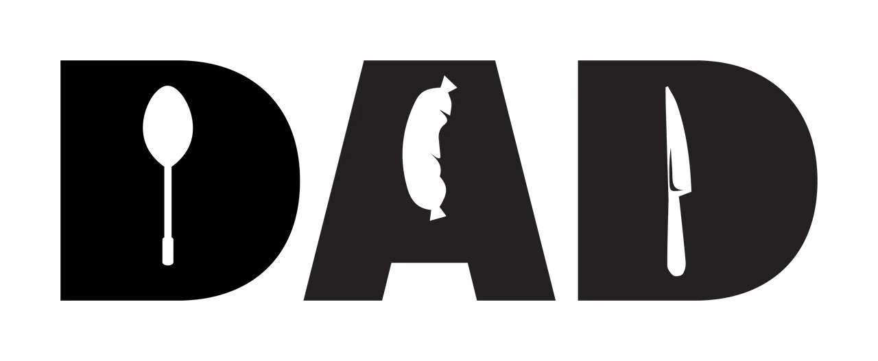 DAD Typography Design with DAD text, spoon silhouette, sausage silhouette and knife silhouette in black and white