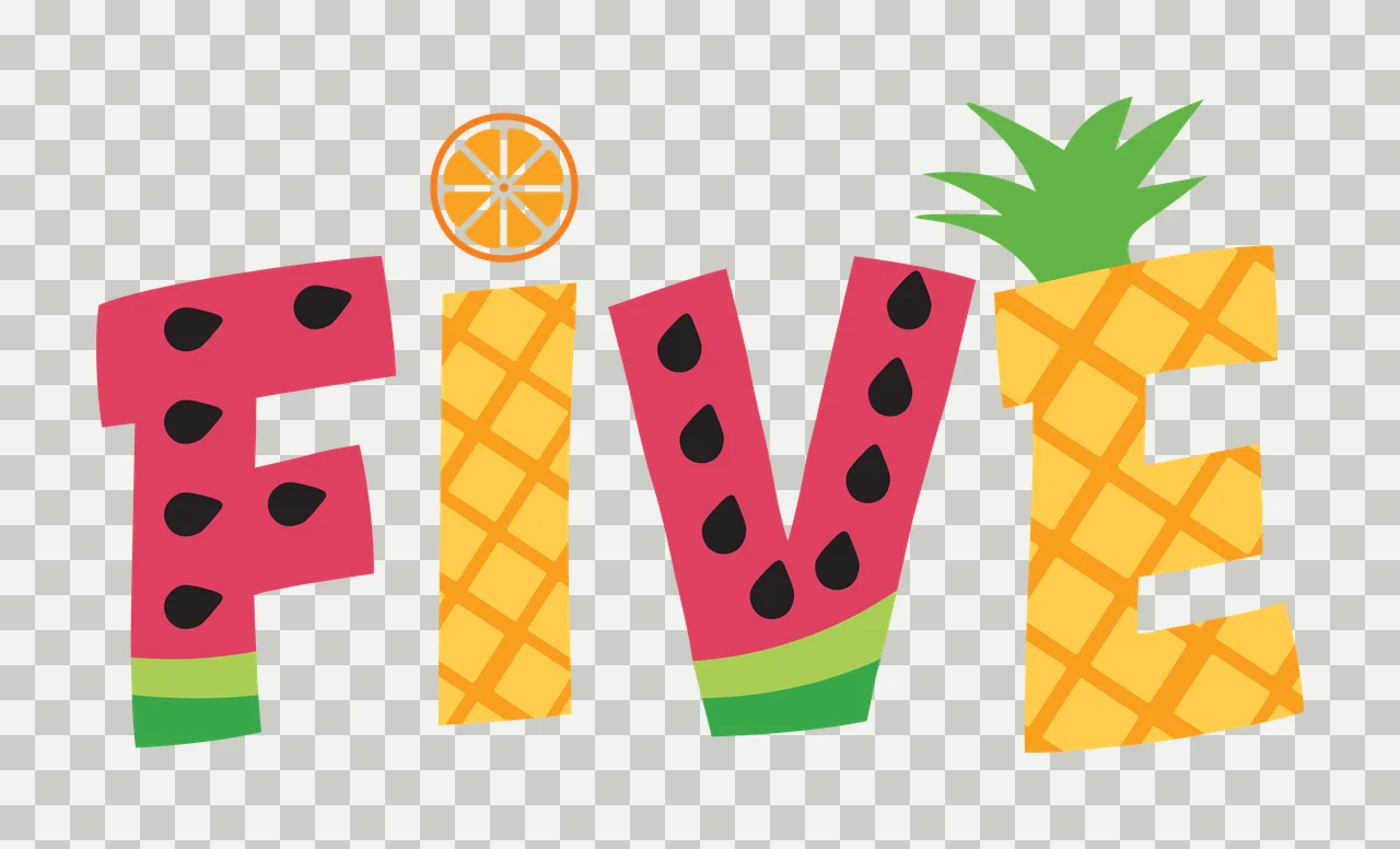 FIVE fruit typography with watermelon pattern, pineapple pattern, orange slice and pineapple leaves in pink and yellow transparency and detail preview thumbnail