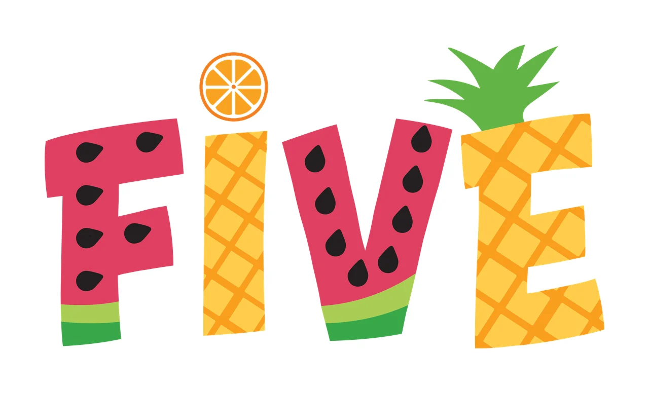 FIVE fruit typography with watermelon pattern, pineapple pattern, orange slice and pineapple leaves in pink and yellow