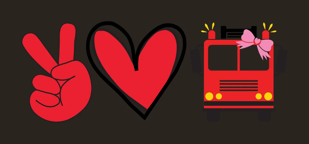 Peace love fire truck design set with peace sign hand gesture, heart symbol, red fire truck and pink bow in black contrast preview thumbnail