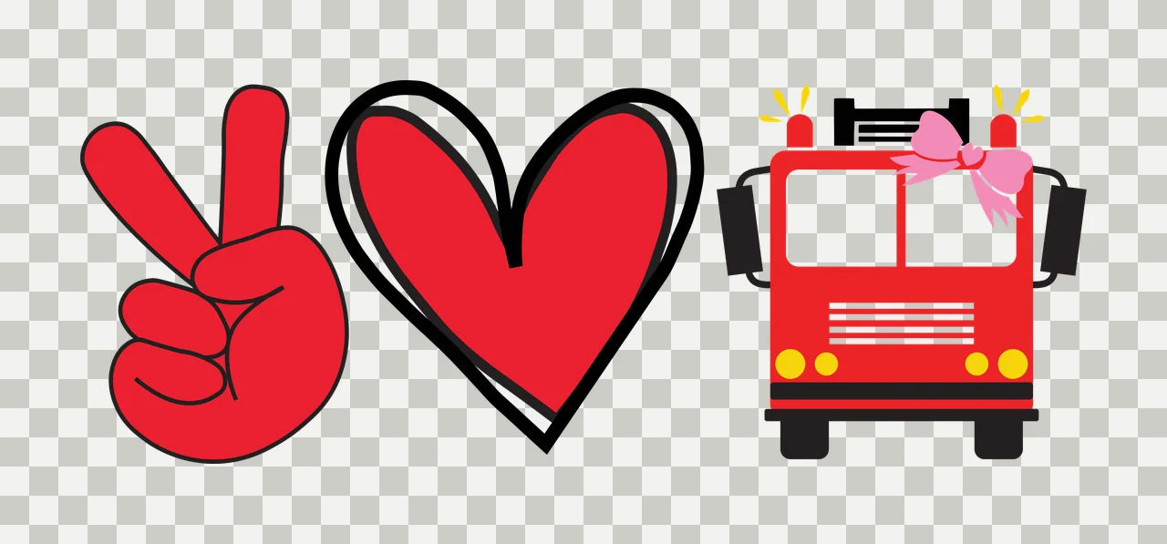 Peace love fire truck design set with peace sign hand gesture, heart symbol, red fire truck and pink bow in black transparency and detail preview thumbnail