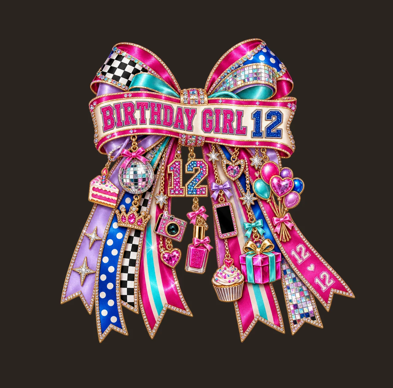 Birthday Girl 12 Bow Charm PNG, Patterned Coquette Bow Clipart, Transparent Sublimation Digital Download contrast preview thumbnail