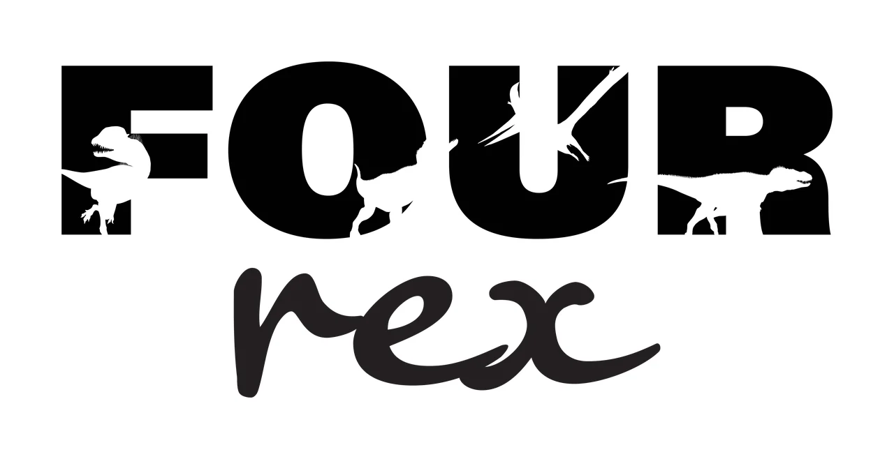 FOUR rex dinosaur typography design with dinosaur silhouettes, bold block letters, cursive script lettering and pterosaur cutout in black and white