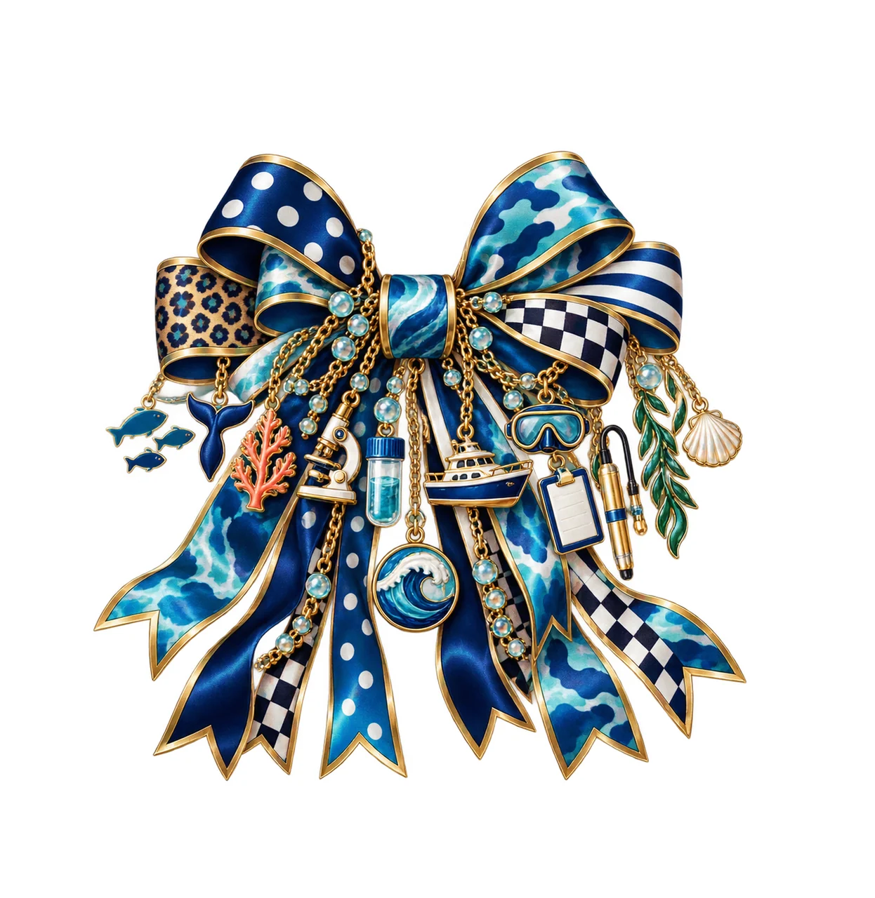 Marine Biologist Bow Charm PNG, Gold Chain Charms, Transparent Sublimation Design, Digital Download