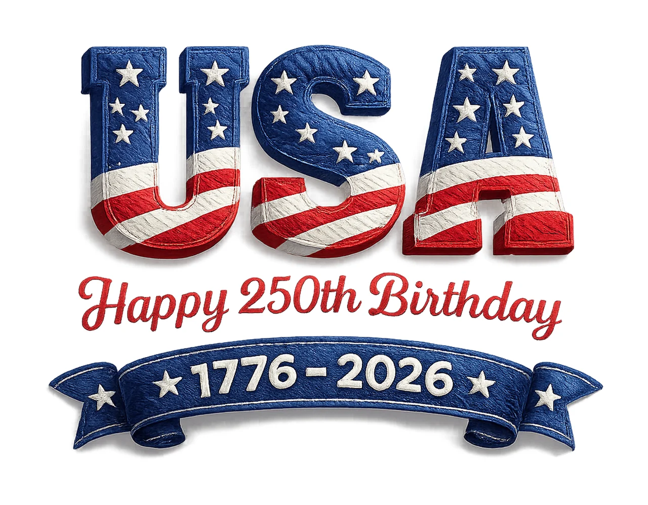 USA 250th Birthday Faux Yarn Lettering 1776 2026 Sublimation