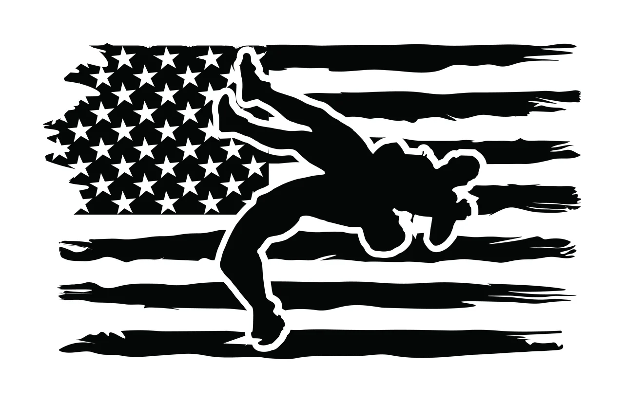 Wrestling Wrestler Silhouette On American Flag stripes stars