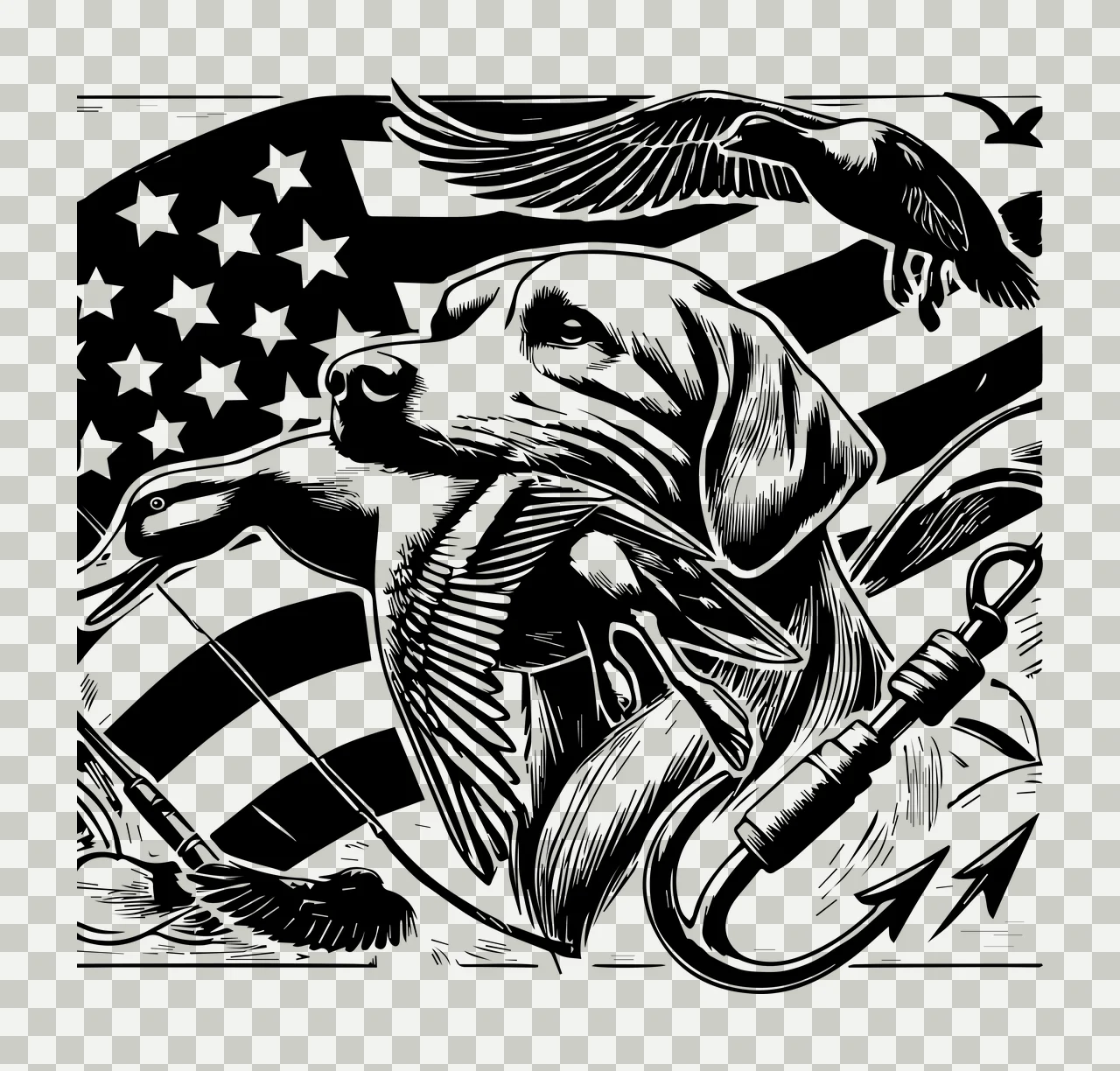 Duck Flag Dog holding hook graphic engraving black white plain transparency and detail preview thumbnail