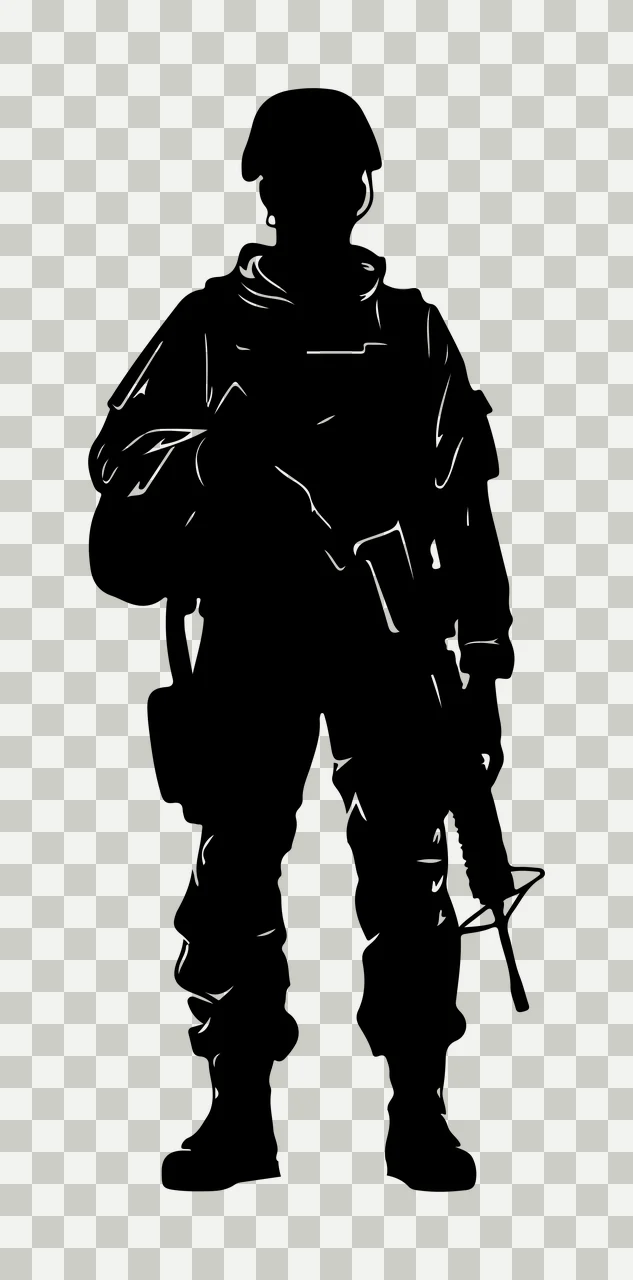 Standing Soldier Silhouette With Rifle person helmet uniform transparency and detail preview thumbnail