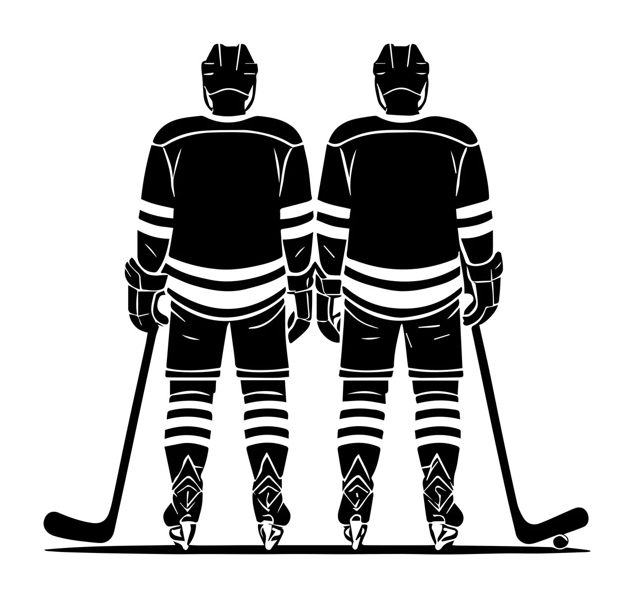 Hockey Two Ice Players In Silhouette Standing with sticks puck