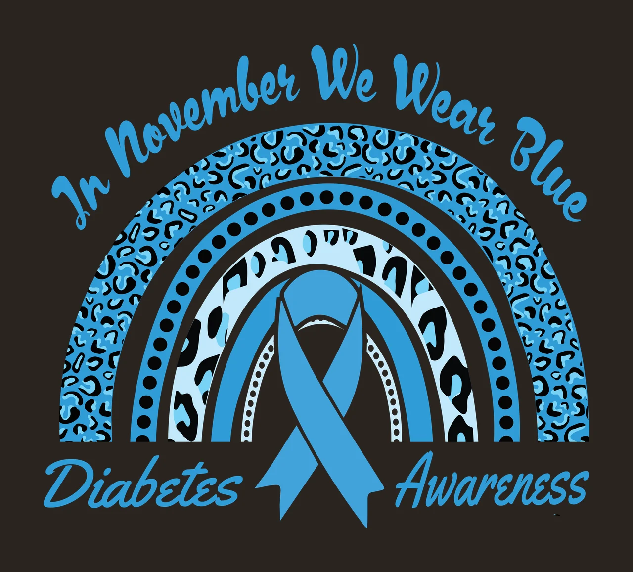 In November We Wear Blue Diabetes Awareness Blue awareness ribbon inside multi-layered rainbow arch Design with leopard print pattern, black polka dots and white inner rings contrast preview thumbnail