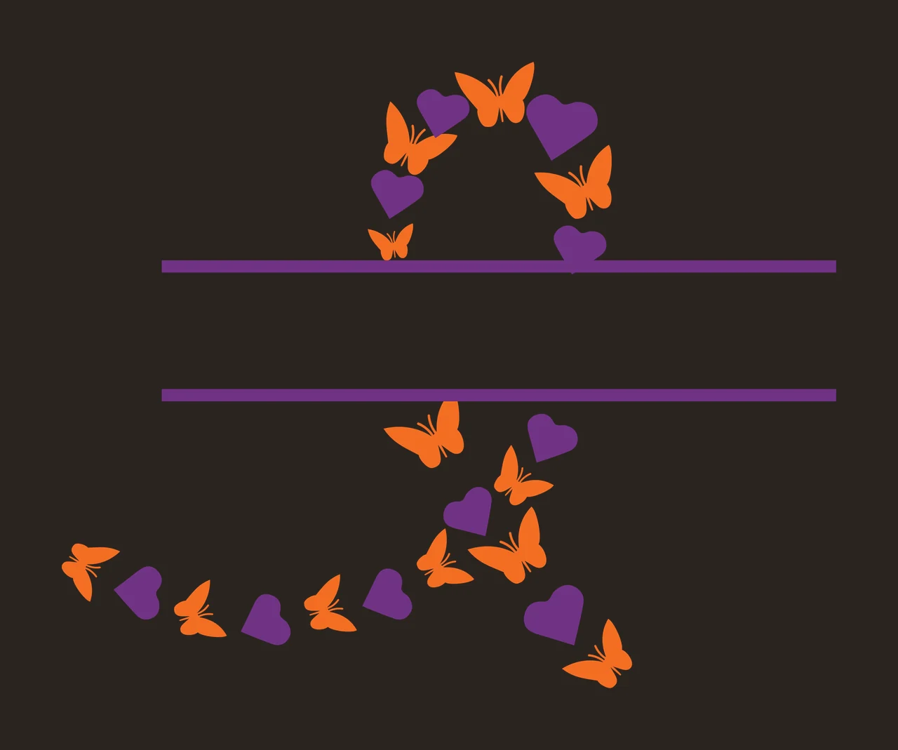 Butterfly and heart decorative motif with horizontal dividers Illustration with orange butterflies, purple hearts and two purple horizontal lines contrast preview thumbnail