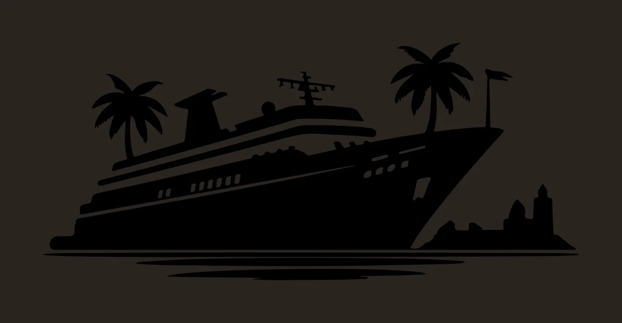 Cruise Ship Silhouette With Palm Trees floating water black contrast preview thumbnail