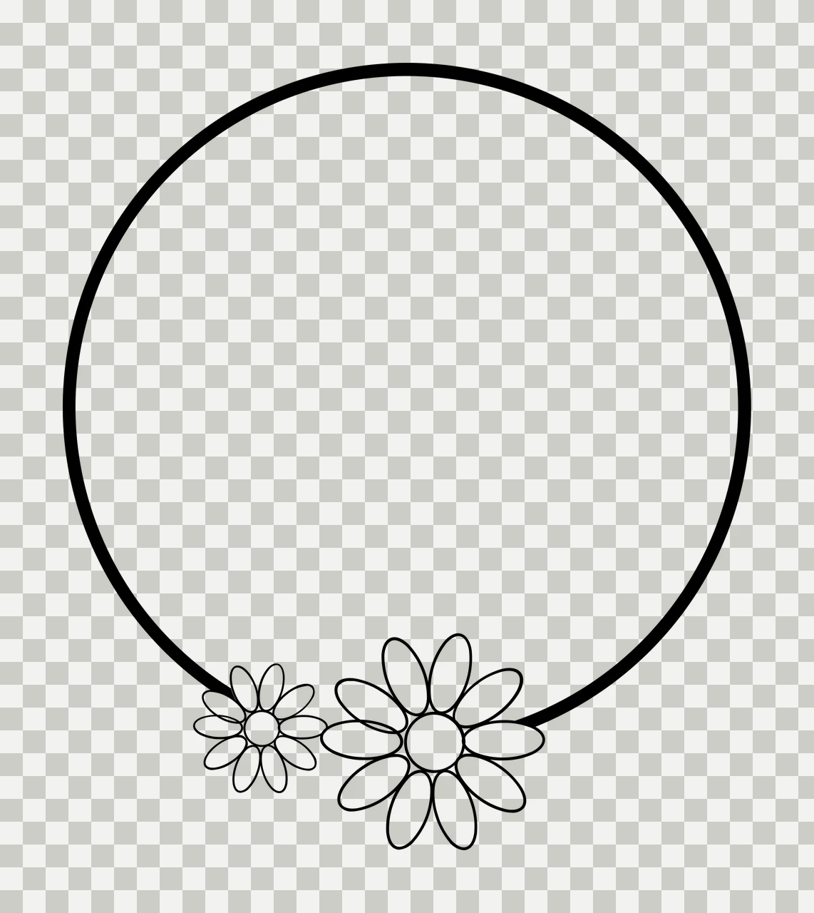 Line Art Illustration of Floral circle frame with black circle outline, two daisy flowers, petals and flower centers in white transparency and detail preview thumbnail