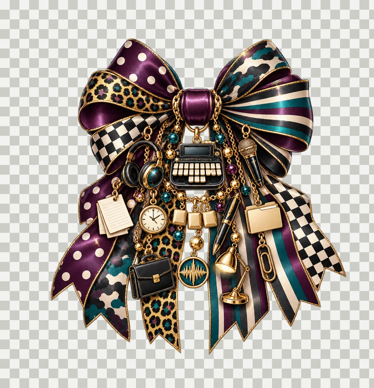 Court Reporter Bow Charm PNG, Themed Gold Chain Charms, Coquette Ribbon Sublimation Design, Transparent Digital Download transparency and detail preview thumbnail