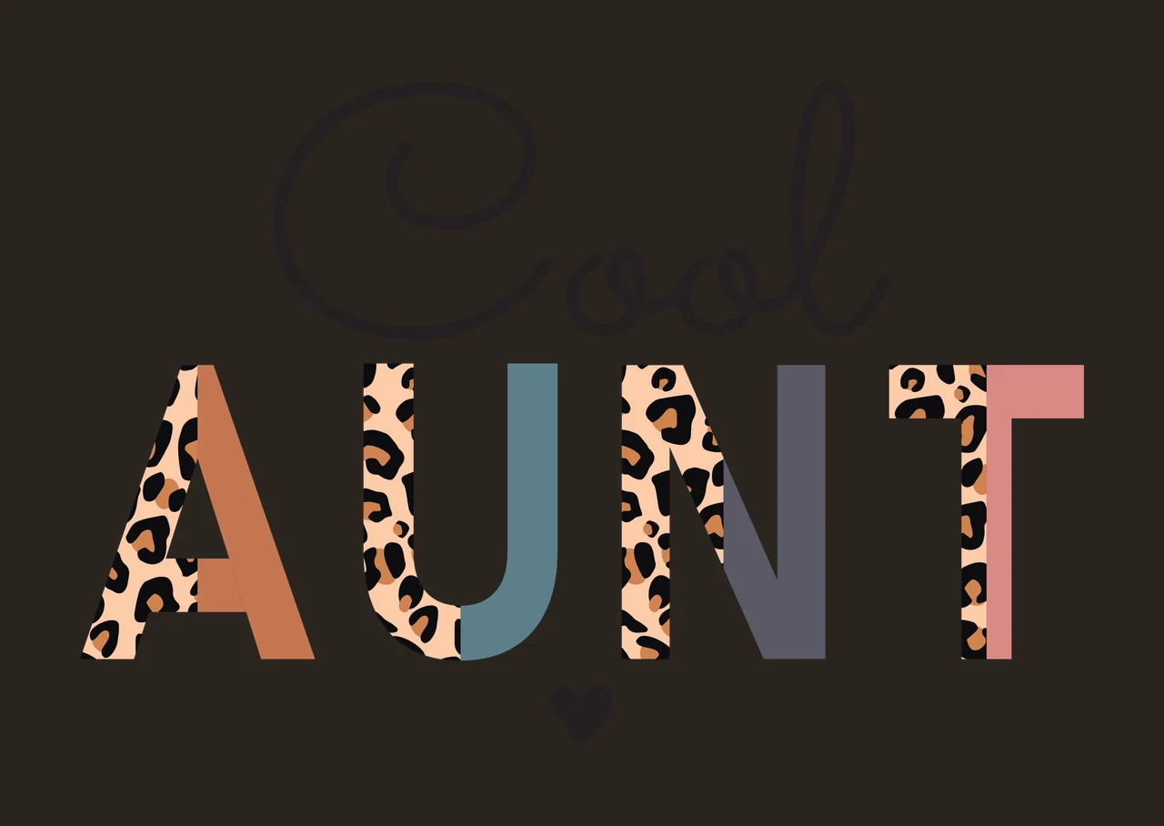 Cool AUNT Typography Design with black cursive 'Cool', leopard-print letters 'A' 'U' 'N' 'T', solid color blocks within letters tan teal gray pink and small black heart below 'T' in black spots contrast preview thumbnail
