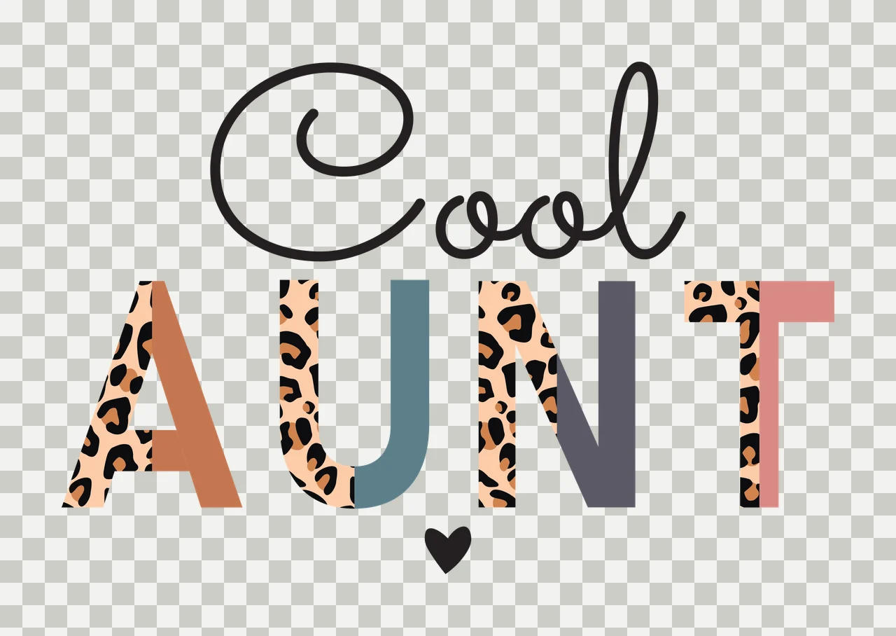 Cool AUNT Typography Design with black cursive 'Cool', leopard-print letters 'A' 'U' 'N' 'T', solid color blocks within letters tan teal gray pink and small black heart below 'T' in black spots transparency and detail preview thumbnail